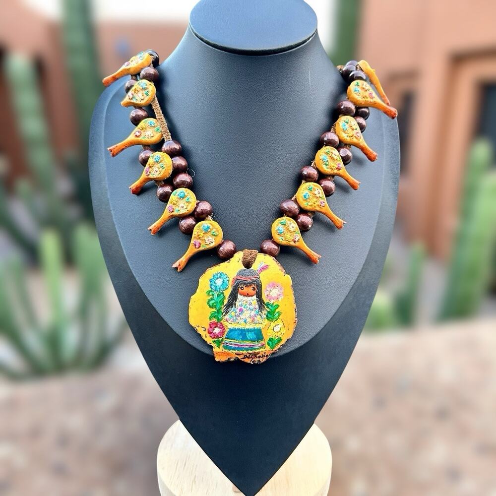 DeGrazia Squash Blossoms Necklace Indian Girl Southwest Folk Art Painted Vintage